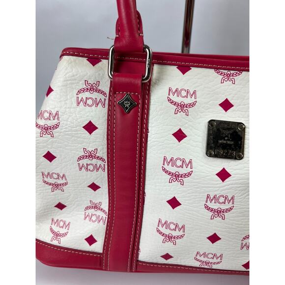 MCM Handbag White/ Red Leather Boston Bag Small Tote Purse - Picture 3 of 16